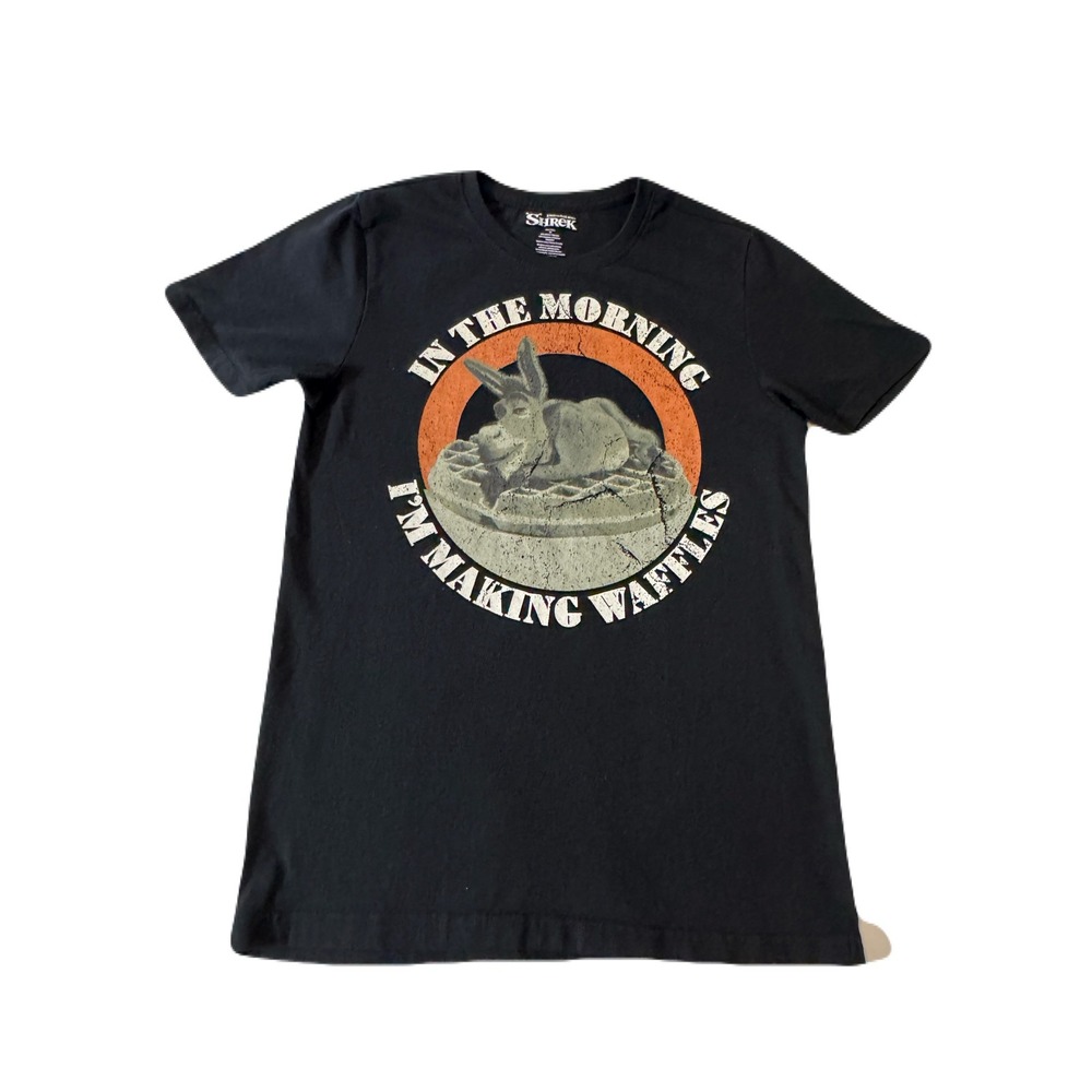 Shrek Donkey Making Waffles Graphic Tee Black DreamWorks Movie Shirt Medium